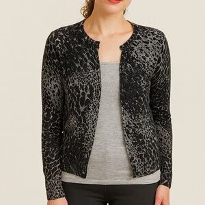Croft & Barrow Black Gray Leopard Cotton Button Down Fitted Cardigan Sweater